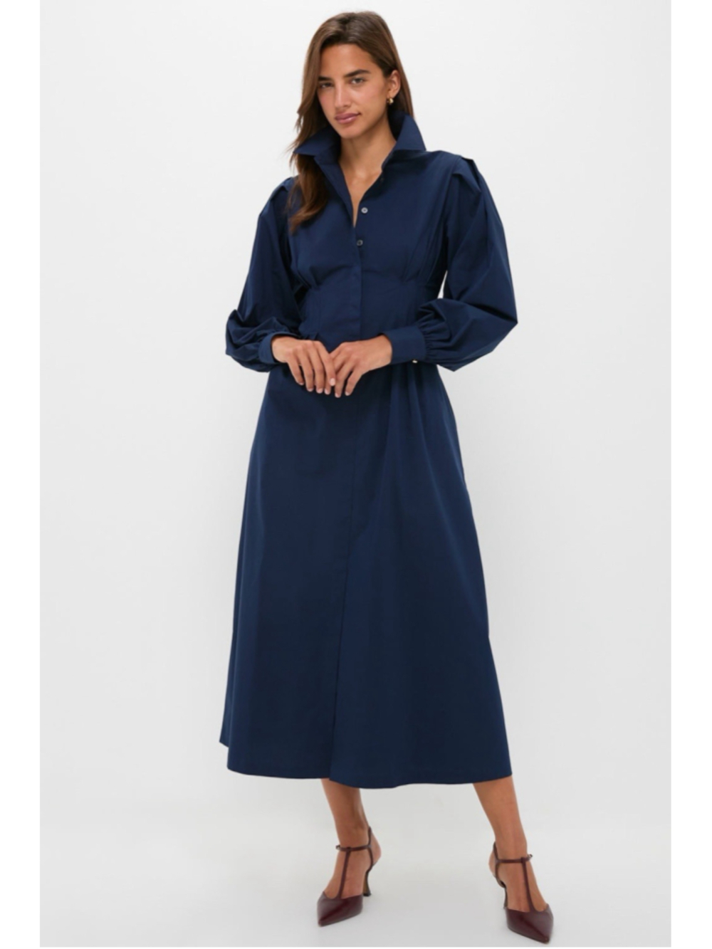 Tuckernuck Navy Corinne Midi Dress Balloon Sleeves Pockets Collar Career Minimal